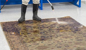 Worker applying rug wet cleaning method