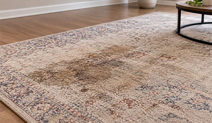 Old dark stain on a patterned area rug