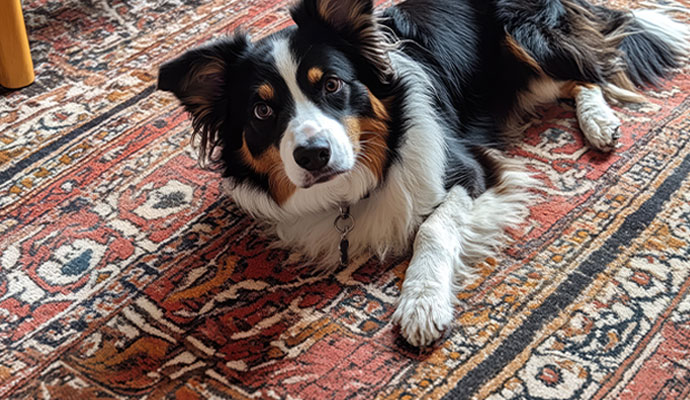 Dog is lying on the rug