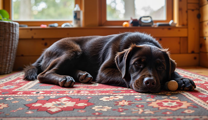 Dog lies on the rug
