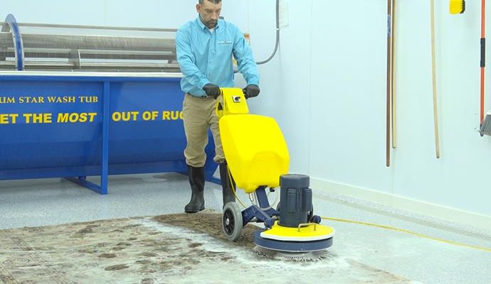 Professional worker deep cleaning a dirty rug using equipment