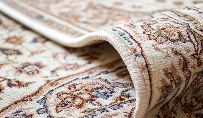 A close-up of a rolled-up oriental rug showing the detailed pattern and high-quality weave