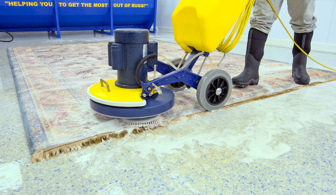 Professional rotary machine cleaning an oriental area rug