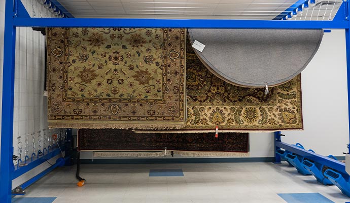 Rugs hanging on industrial rug drying rack for antifungal treatment 