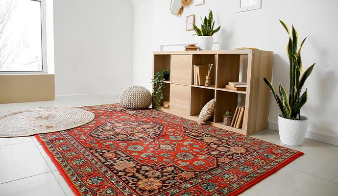 Elegant red rug in a modern living room.