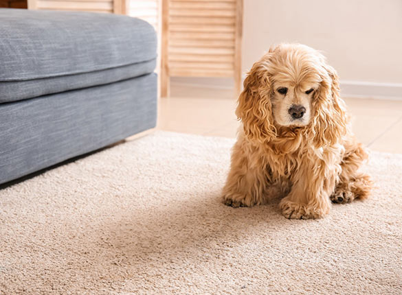 Pet sitting on a clean rug.