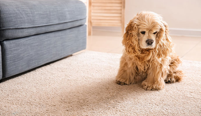 Pet dog sitting on a clean rug