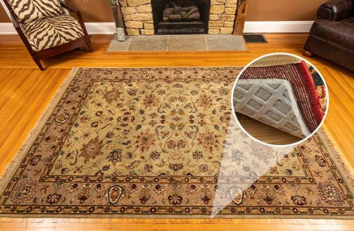 Padded rug on hardwood floor near fireplace