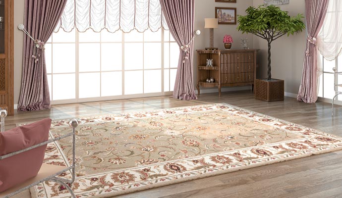 Clean rug placed on wooden floor Clean rug placed on wooden floor