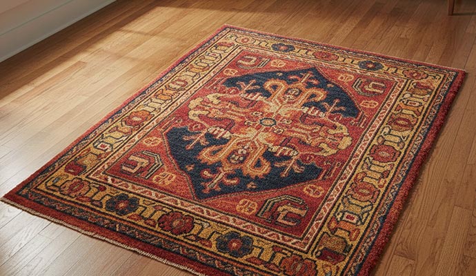 Clean Tibetan rug placed on a wooden floor