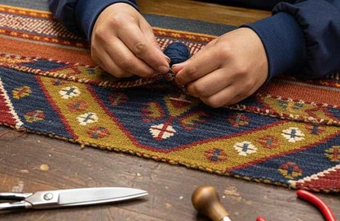 An expert repairing a colorful patterned rug using thread