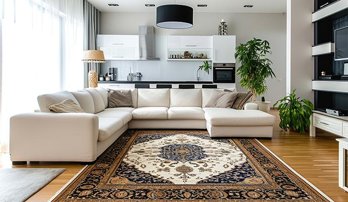 Elegant living room interior with traditional oriental rug