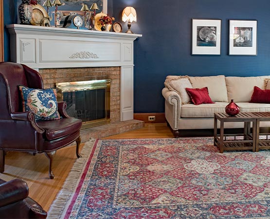 Decorative patterned area rug placed in a modern living room