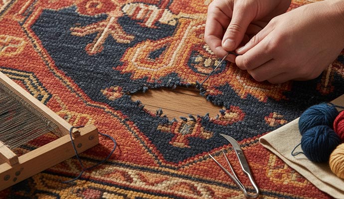 An expert repairing a large hole in a colorful patterned rug