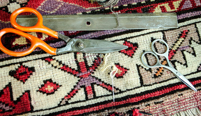 Rug repair tools on patterned carpet