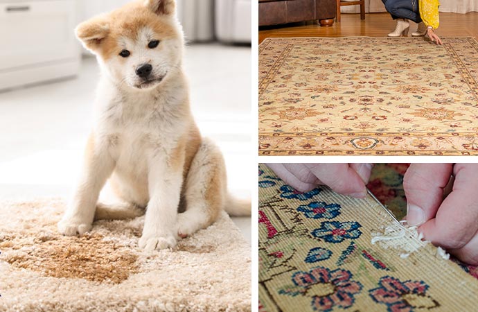 Rug stain removal, protection, and fringe repair services.