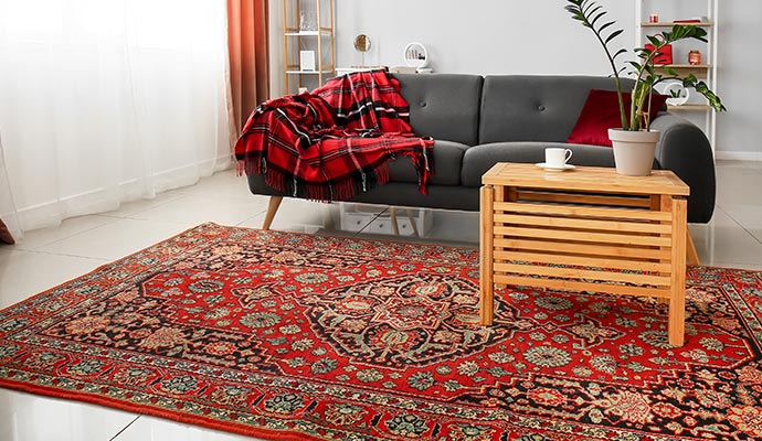 Bright colored rug on living room
