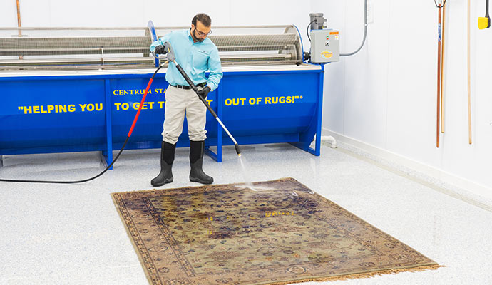 Expert technician pressure washing a traditional rug.