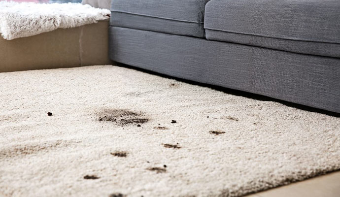 Pet stains and dirt on rug.