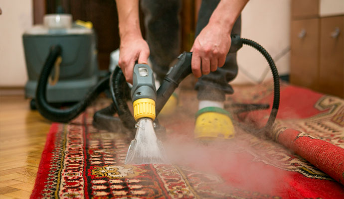 Steam cleaning an oriental rug with hot vapor extraction