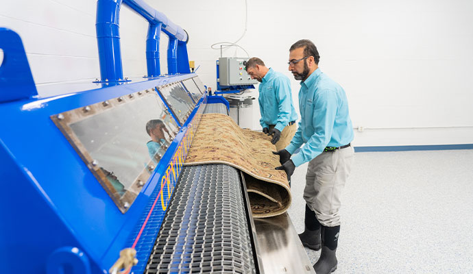 Technician feeding a delicate oriental rug into a cleaning machine