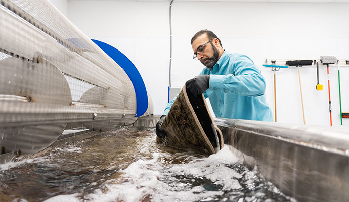 Technician wet cleaning an oriental rug in a wash tub