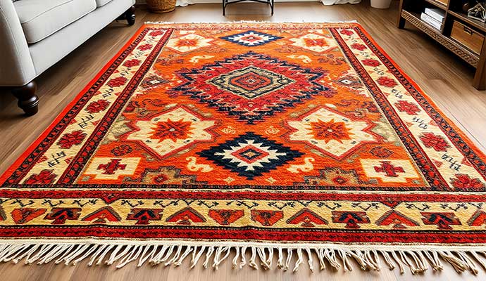 Tribal patterned oriental area rug in a living room